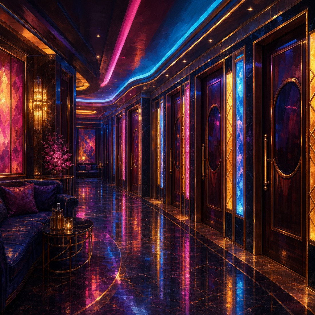 Illustration of a neon-lit KTV lounge corridor with glowing private-room doors