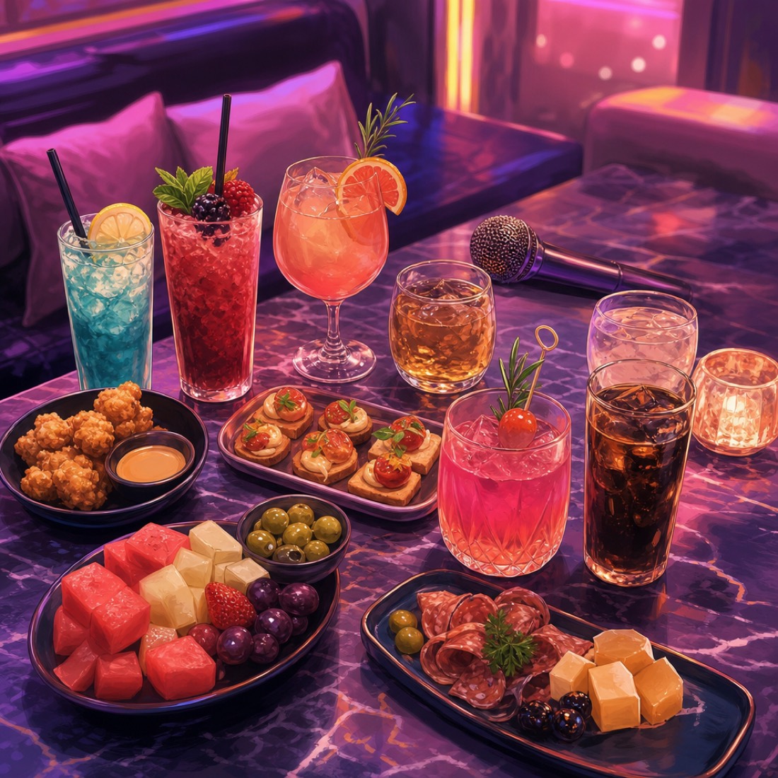 Illustration of drinks and appetizer plates on a marble karaoke-room table