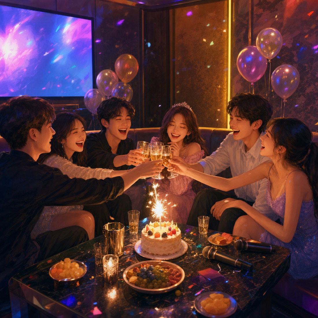 Illustration of a birthday celebration with a toast and cake inside a private karaoke lounge