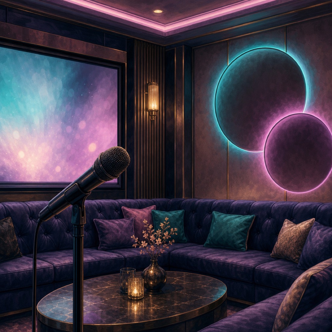 Illustration of a private karaoke room with a microphone, large screen, sofa and neon wall lighting